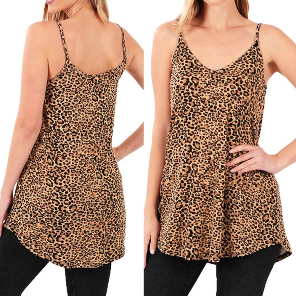 Leopard V Neck Scoop Reversible Long Tunic Cami - Picture 5 of 8